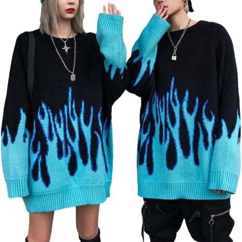 Womens Sweaters Long Sleeves Knitted Pullover Tops Flame Couple Sweatshirt for Him and Her Winter Oversized Outwear