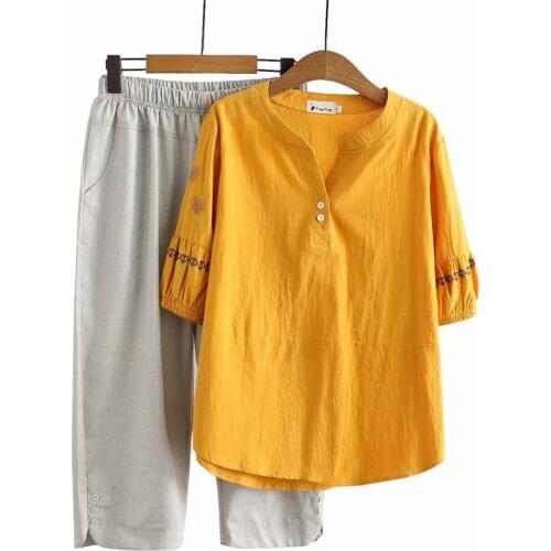 Plus Size XL-4XL Womens 2pieces Summer Sets Embroidery Short Sleeve Top + Elastic Waist Cropped Pants Suits