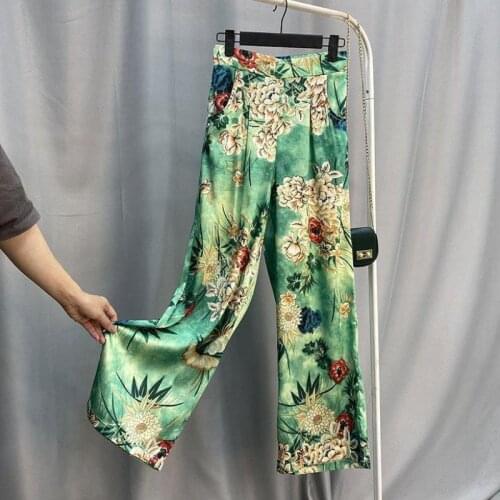 2021 Women Silk Satin Two Piece Set Top And Pants Summer Vacation Slim Wide Leg Pants Fashion Print Casual Loose High Waist