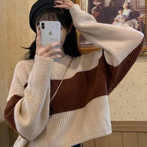 Womens Knitted Sweater Patchwork O-Neck Long Sleeve Top Women Pullover for Women Korean Fashion Clothing Harajuku Sweater