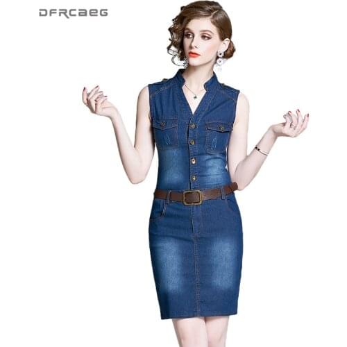 Vintage Sleeveless Women Jeans Pencil Dress With Belt 2020 Summer Sexy V-Neck Streetwear Knee Length Denim Pencil Dress Femme