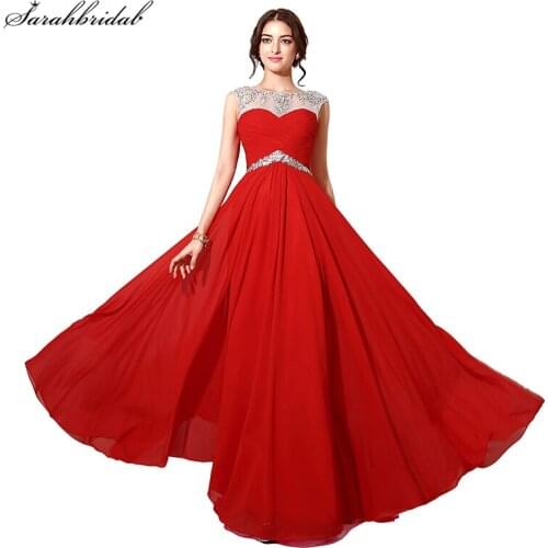 Elegant Long Crystal Red Chiffon Formal Prom Dresses Long Crystal Floor Length Party Gown Real Photos robe de soiree SLD196