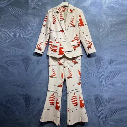 2021 Designer Autumn Fashion Pants Sets Womens Single Button White Printed Suit Jacket＋Pants Casual 2 Two Piece Suit