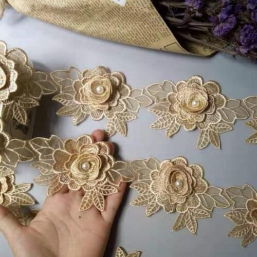 20X Gold Rose Flower Leaf Pearl Lace Trim Applique Trimming Ribbon Embroidered Fabric Sewing Craft Handmade Wedding Decoration