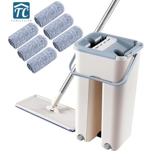 Flat Squeeze Mop and Bucket 6PCS Microfiber Mop Cloth Free Hand Mop With Bucket Magic Cleaning Floor Flat Mop Wet or Dry Usage