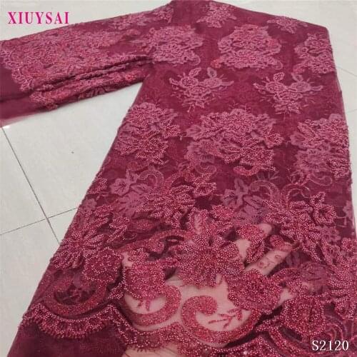 African Tulle Lace Fabric High Quality Embroidery French Net Lace Fabric Beaded net lace glitter fabric for woman wedding P957