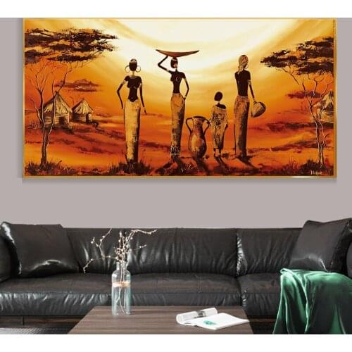 African Women Sunset Canvas Painting Abstract Landscape Posters and Prints Wall Pictures for Living Room Home Aisle Decoration