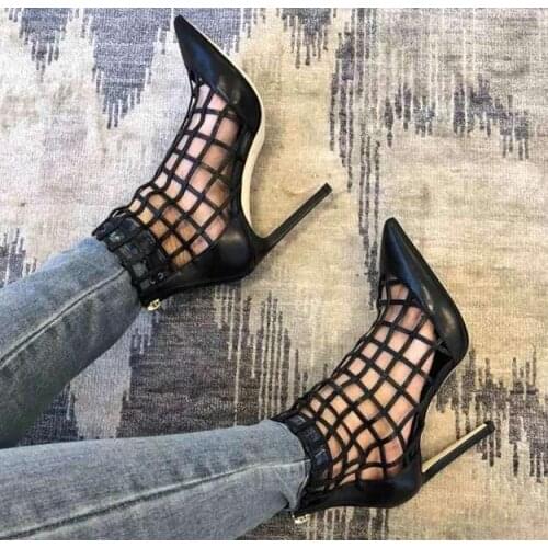 Moraima Snc Summer High Quality Leather High Heel Sandals Pointed Toe Caged Style Thin Heels Shoes Cutouts Gladiator Dress Shoes