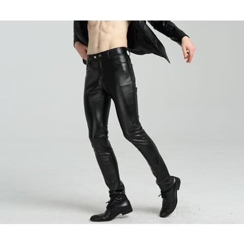 Splice fashion motorcycle faux leather pants mens feet pants Windproof pu trousers for men pantalon homme balck spring autumn