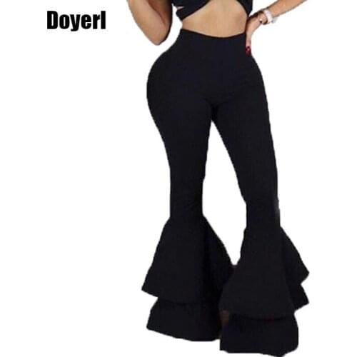 Black Flare Pants Women Aututmn Winter 2020 Fashion Stretch Layered Ruffle Pants Skinny Trousers High Waisted Bell Bottoms Pants