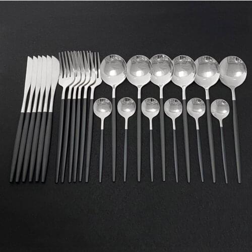 Black SilverCutlery Set Stainless Steel 24Pcs Dinnerware Steak Knife Teaspoon Party Kitchen Food Tableware Set