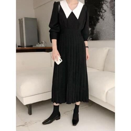 Elegant Pleated Women Spring A-Line Long Sleeve Midi Office Patchwork Dress Autumn
