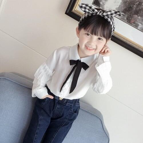Kids Girls Classic Fashion Lace Sleeve Cardigan Shirts Black White Bow Elegant Blouse Tops Shirt Childrens Clothing