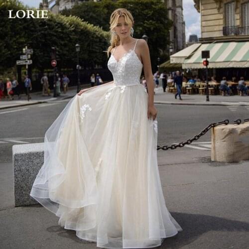 LORIE New Arrival Lace Champage Wedding Dresses Spaghetti Straps Boho Bride dresses Vestidos De Novia Vintage Wedding Gown