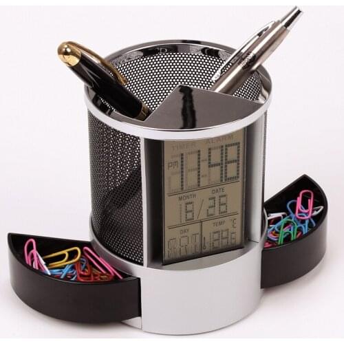 Multifunction Pen Pencil Holder Digital Calendar Alarm Clock Time Temp Function Metal Mesh For Home Desk Office Supplies