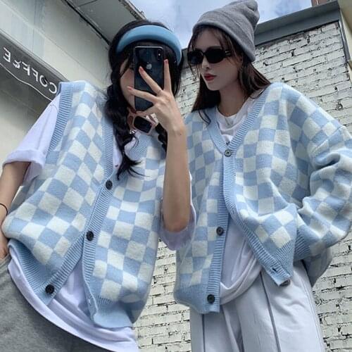 Fashion Plaid Cardigan Sweater Women Loose V-Neck Long-Sleeved Knitted Sweater Woman Autumn Single Row Button Womens Top Coat