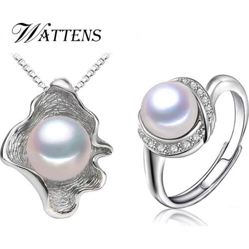 WATTENS 2018 Fashion accessories natural pearl set ,925 Silver jewelry sets for women gift, Shell pearl pendant necklace ring