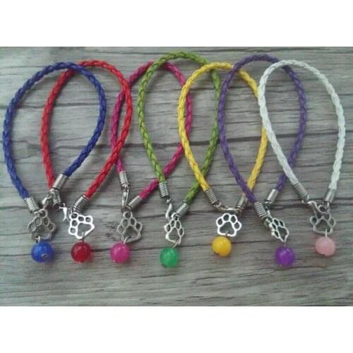 Wholesale Fashion (20pcs+Gift)Glass Bead Charm Cat Dog Paw Prints Pendant Multicolor Braided Rope Bracelet For Women Jewelry