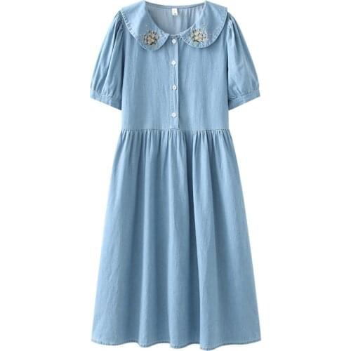 Sweet Floral Embroidery Denim Dresses Teen Girls Summer 2021 Clothes Women Short Sleeve Cute Casual Slim Fit Jeans Long Vestidos