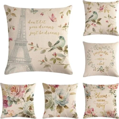 Rubylove 45cm*45cm Flowers And Blue Birds Pattern Linen Cushion Cover And Sofa Pillow Case Home Decorative Pillow Cover