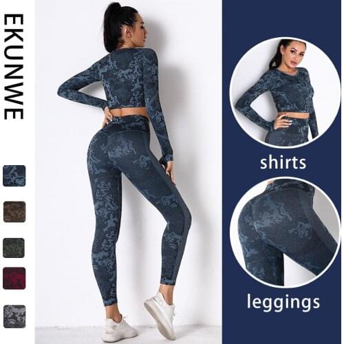 Long Sleeve Yoga Shirts Sets Seamless Fitness Sports Suits Women Training Yoga Sets Gym Sports Leggings Sets Workout Outfit