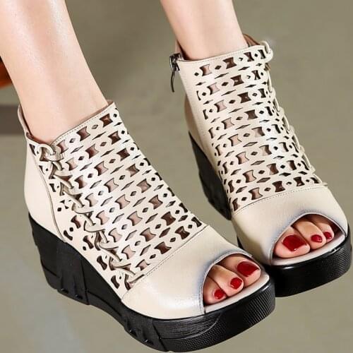 Female Genuine Leather Roman Sandals Ladies Fashion High Heel Summer Shoes for Women Casual High-cut Hollow Peep-toe Sandals