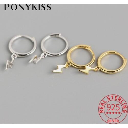 PONYKISS Trendy 100% 925 Sterling Silver Mini lightning Hoop Earrings Unisex Fashion Punk Earrings Women Party Chic Accessories