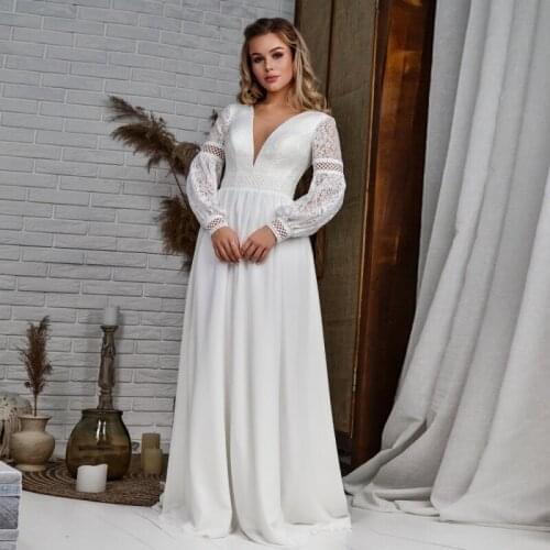 V-Neck Backless Lace-up Wedding Dresses 2021 Beach Bridal Dress Sweep Train Long Sleeve Bohemian vestidos de noiva