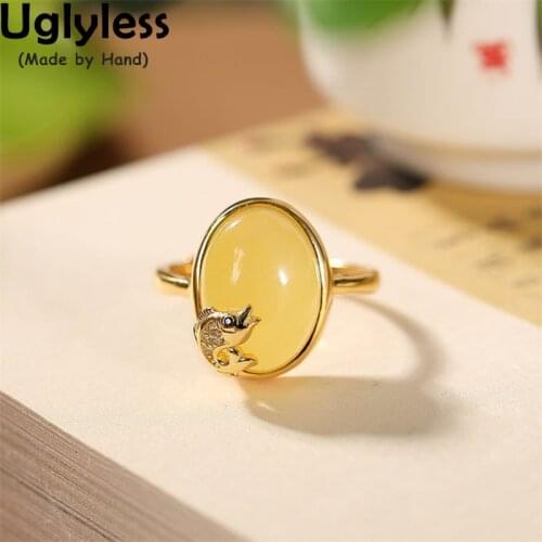 Uglyless Jumping Carp Fish Rings Women Gemstones Amber Beeswax Rings Jasper Pendants 925 Silver Animals Jewelry Sets Fish Bijoux