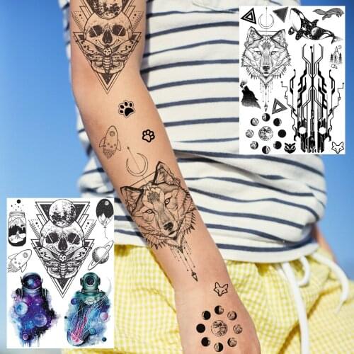 Black Skull Astronaut Temporary Tattoos Sticker Disposable Black Space Wolf Tatoos Realistic Fake Transferable Tatoos For Kids