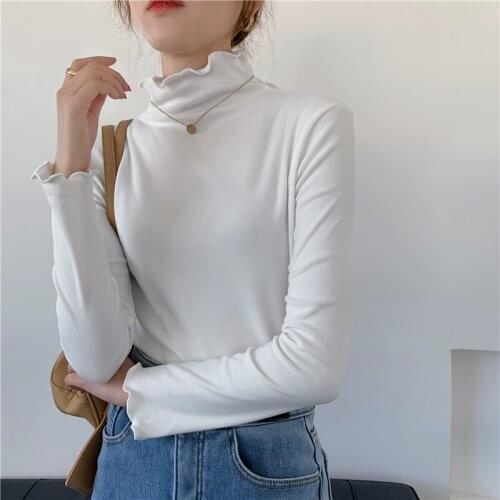 White Tops Women 2021 Half Turtleneck DE Velvet T-shirts Long Sleeve Stretch Solid Soft Edible Tree Fungus Winter Tees T050