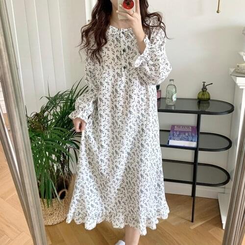 Autumn Nightgown Women O-Neck Long Sleeve Casual Sweet Cotton Long Sleepwear Flroal Print Buttons Home Clothes Ruffles