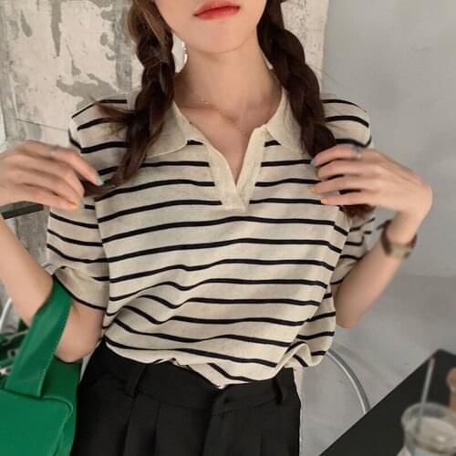 Womens Knit Short-sleeved Upper Summer T-shirt Loose French Stripes