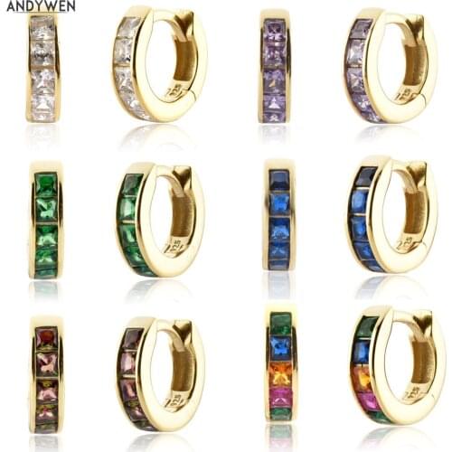 ANDYWEN 925 Sterling Silver 7mm Square Zircon Huggies Clips Women Fashion Fine Jewelry Clips Hoops Earring Round Colorful CZ