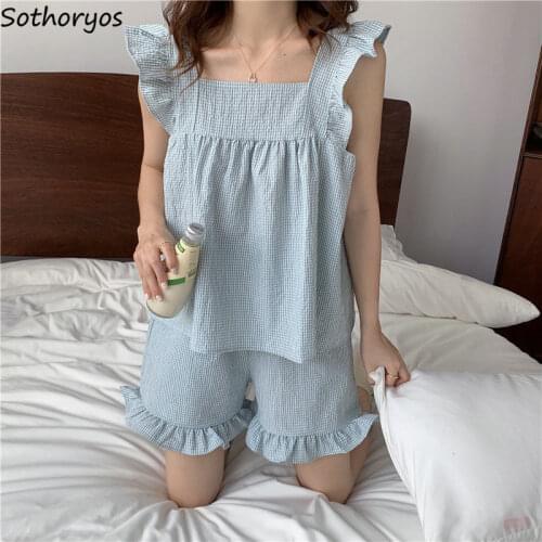 Women Pajama Sets Plaid Loose Sleeveless Tops and Shorts Square Collar Sweet Girls Daily Chic Korean Sleepwear Plus Size M-4XL