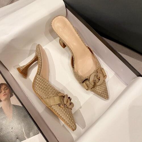 Shoes Woman 2021 Female Slippers Pointed Toe Heeled Mules Low Rivet New High Basic Rubber Rome Slides Fabric PU Hoof Shoes Slipp