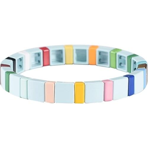 Half Square Enamel Stackable Tile Bead Bracelet Women Girls Friendship Gift Metal Stretch Wristband Colorblock Beaded Armbrand