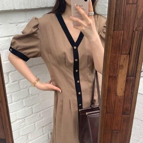 Women Summer Vintage Elegant Patchwork Khaki Long Shirt Dress Puff Sleeve Single Breasted Folds Waist