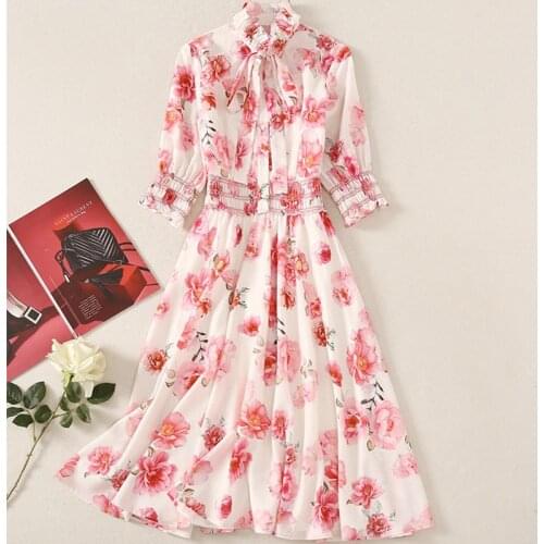2021 Summer Chiffon Dress Women Fashion Flower Printed Elastic Waist Single Breasted Elegant Belt Dresses