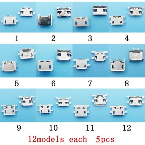 60pcs/lot 12 Models Micro USB Connector Charging Port Female Jack Accessories Socket For Huawei Lenovo Samsung etc Phone Tablet