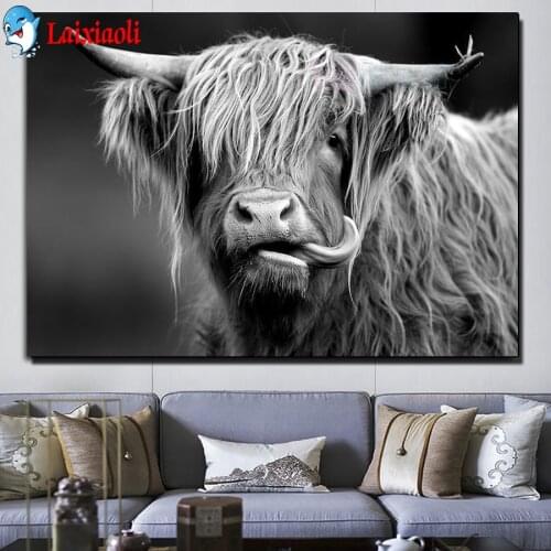 Laixiaoli 5D DIY Diamond Embroidery Highland Cow Full Square Diamond Painting Cross Stitch Black White Animals Mosaic Home Decor