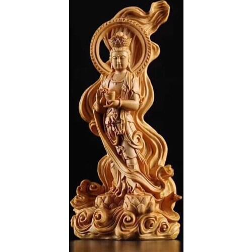 Solid wood Cypress Guanyin statue,Chinese Buddha Statue Modern hand-carved Home Living Room Feng Shui Decoration Guanyin Statue