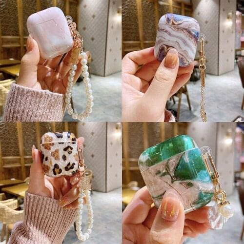 Luxury Cute Marble Shell Pearl Metal Keychain Headphone Earphone Case for Airpods 1 2 Pro Lovely Glossy Wireless Headset Cover