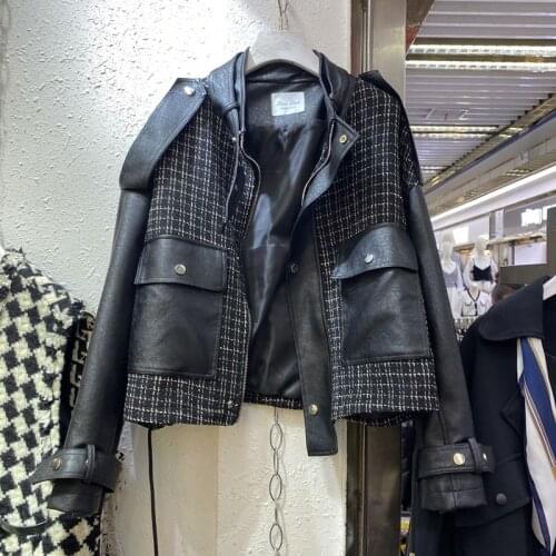 Wild Xiao Xiangfeng was thin tweed stitching PU leather handsome Korean coat motorcycle jacket female tide