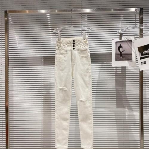 Spring White Jeans Women Slim Fit Pencil Pants High Street Fashion Diamonds Pearls Single Breasted High Waist Denim Pants Female