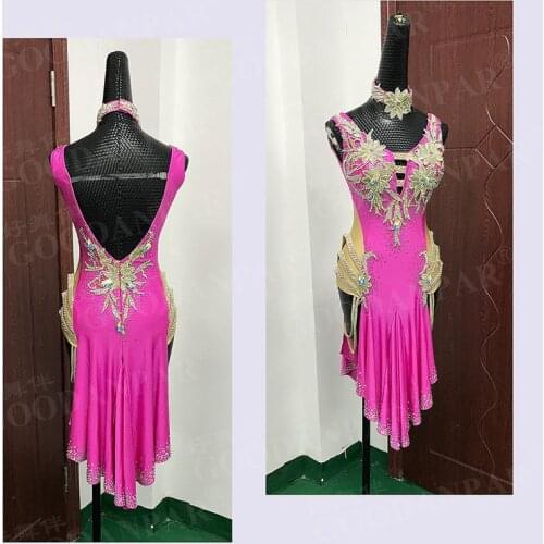 GOODANPAR women Sleeveless Lycra Lace Latin Dance Competition Dress with bodysuit bra cups necklace Samba Salsa Dance Wear