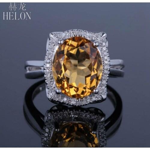 HELON 925 Sterling Silver Oval Cut 10X12mm Genuine Natural Citrine Diamond Engagement Wedding Ring Women Gift Party Fine Jewelry