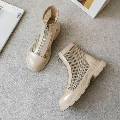 MEZEREON Summer Boots Natural Leather Breathable Mesh Platform Shoes Solid Zip Women Gladiator Sandals Round Toe