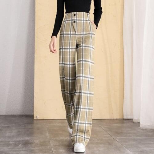 New spring and autumn Fashion casual loose brand female women girls high waist wide leg plaid pants