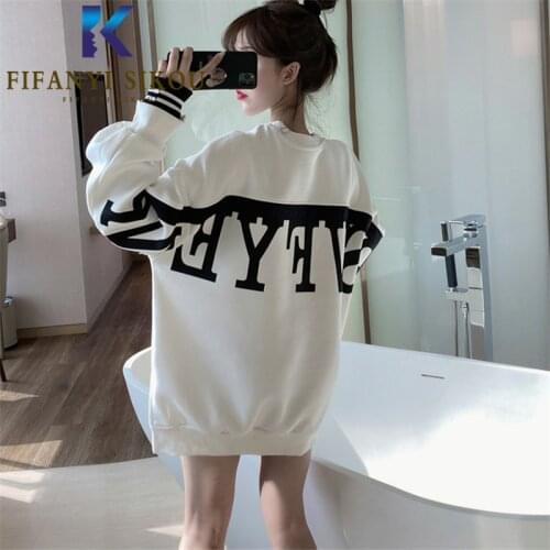 Autumn Winter Women White Sweatshirt O-Neck Long Sleeve Hoodies Fashion Print Pullovers Female Thick Warm Loose Sweatshirts